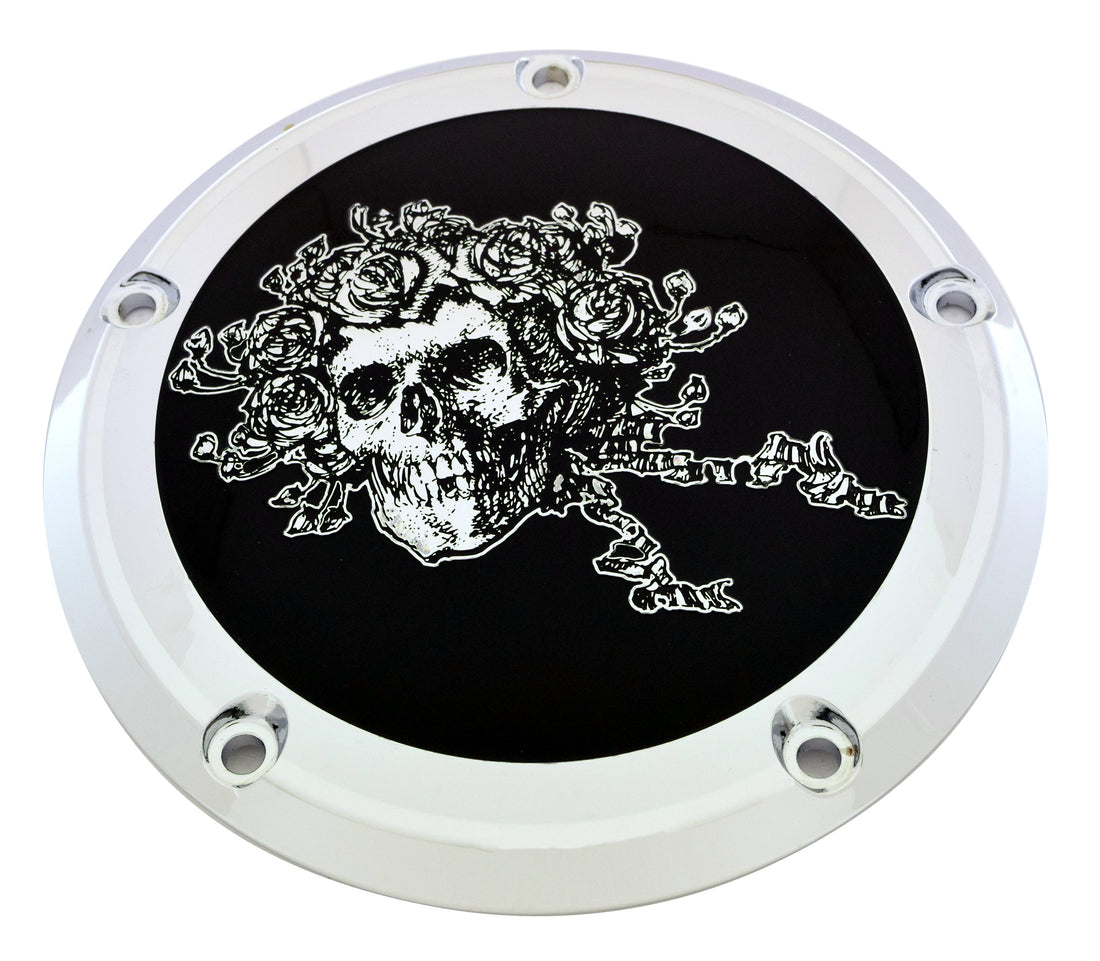 Skull &amp; Roses - 7¼ inch Derby Cover, Black and Chrome