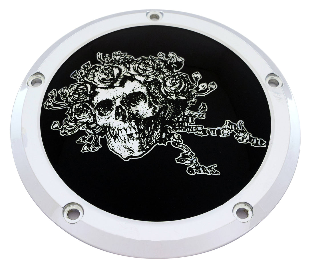 Skull &amp; Roses - 7¾ inch Derby Cover, Black and Chrome