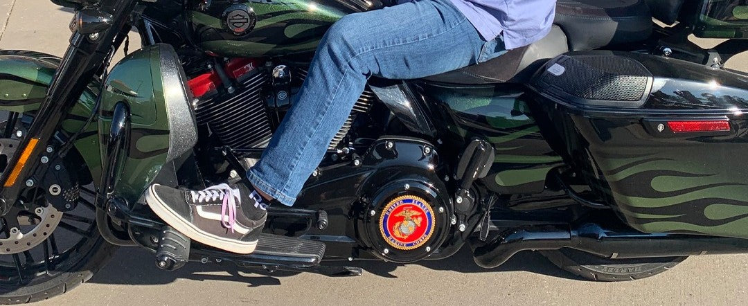 custom derby cover on motorcycle