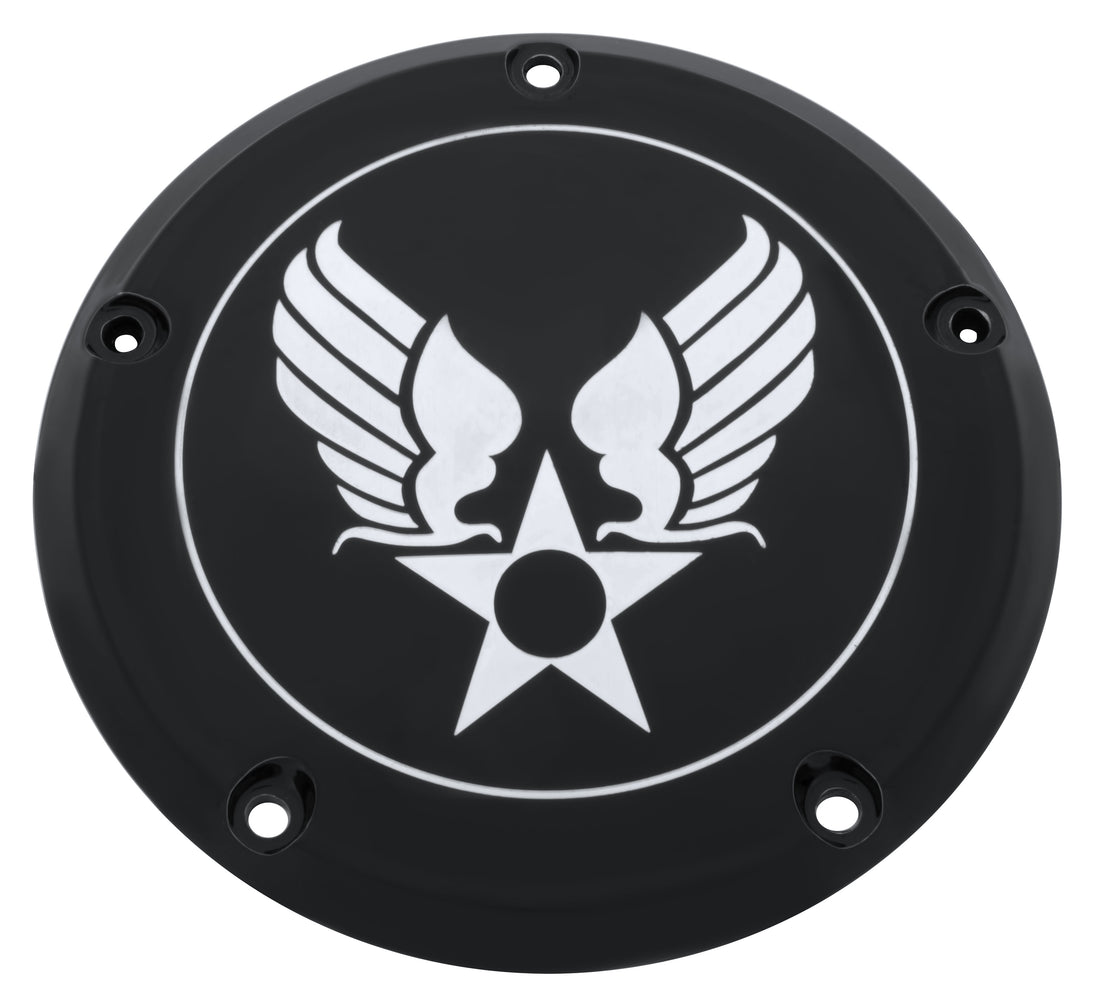 black timing cover with wings on a star