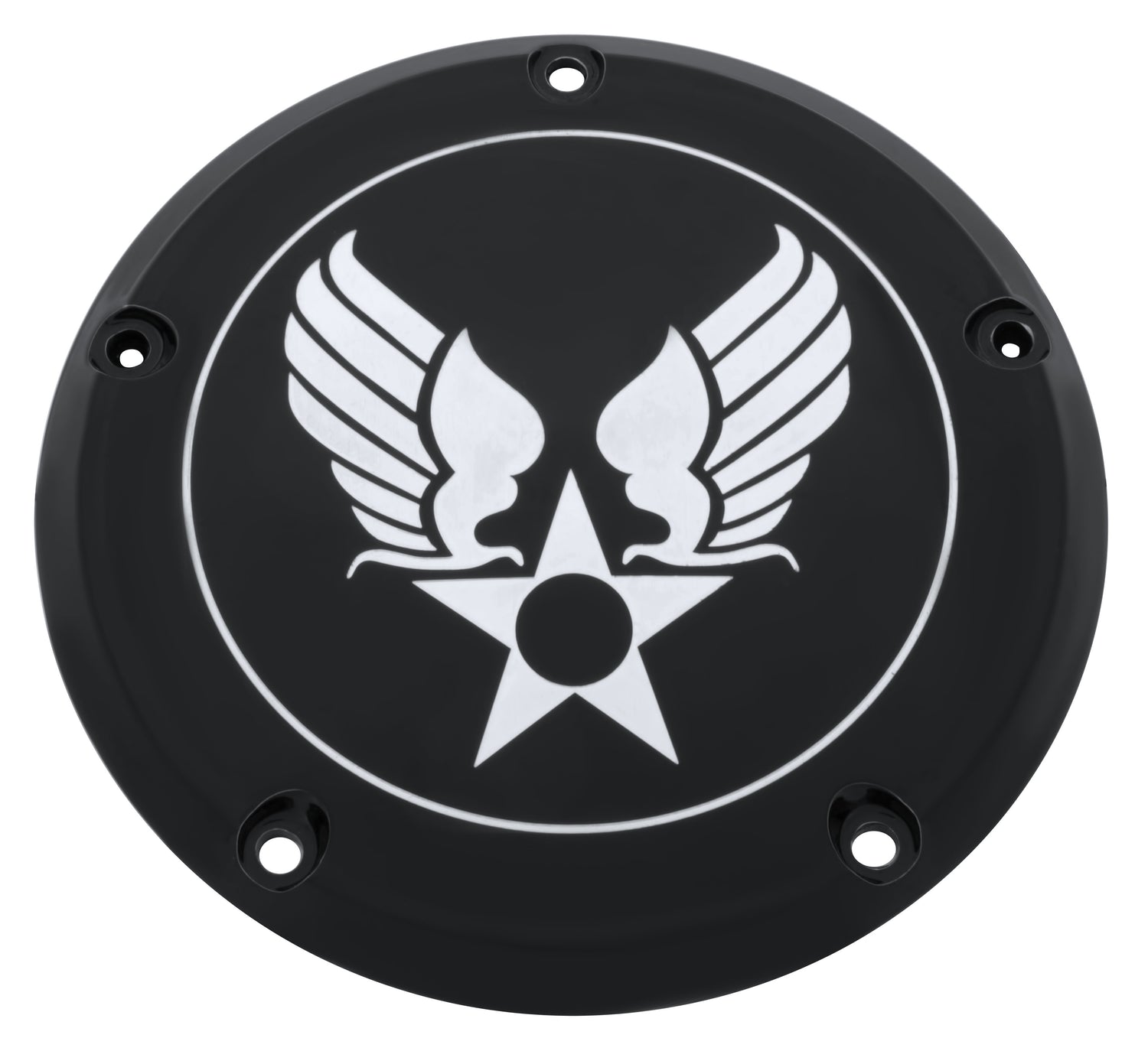 black timing cover with wings on a star