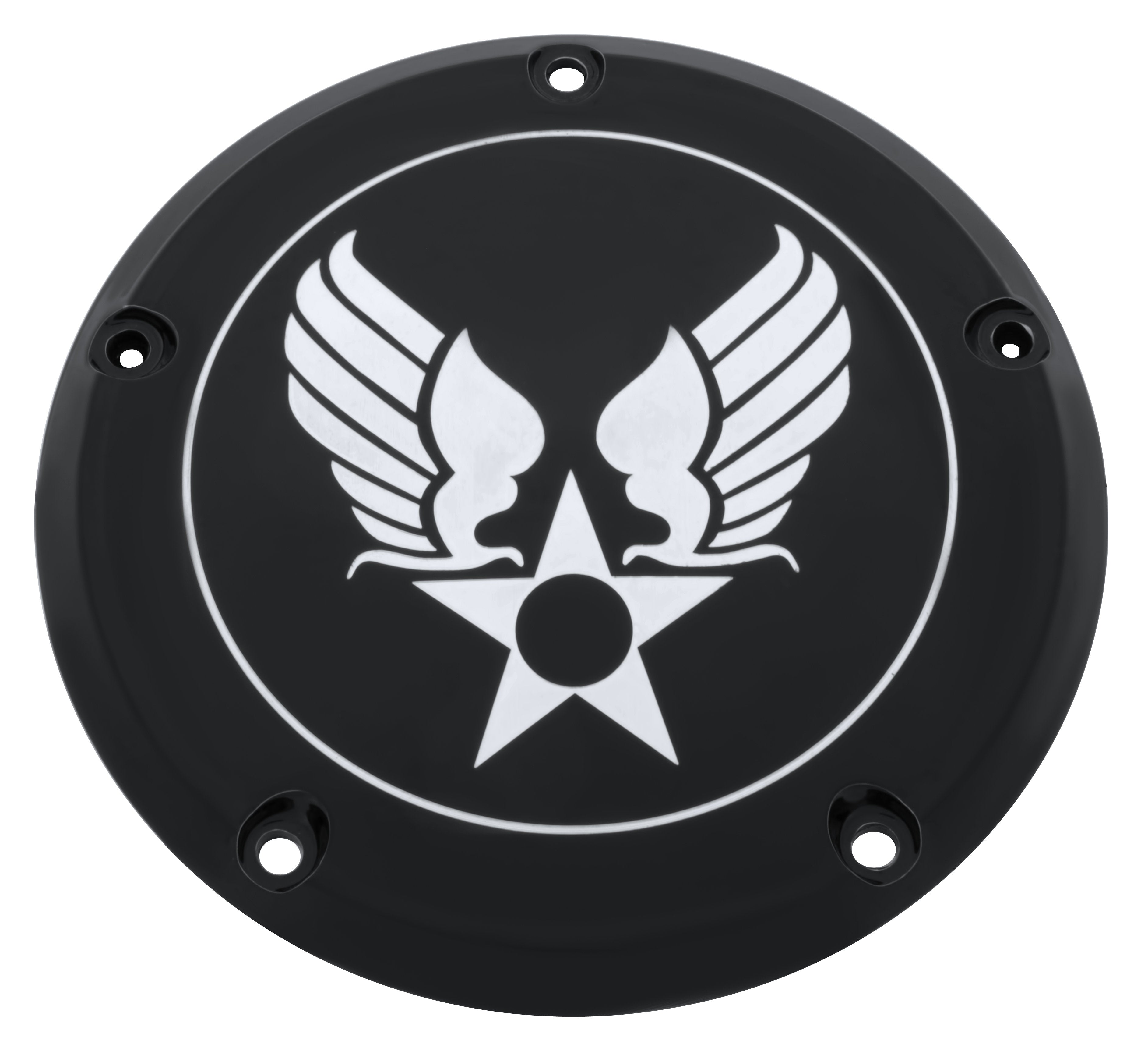 black timing cover with wings on a star