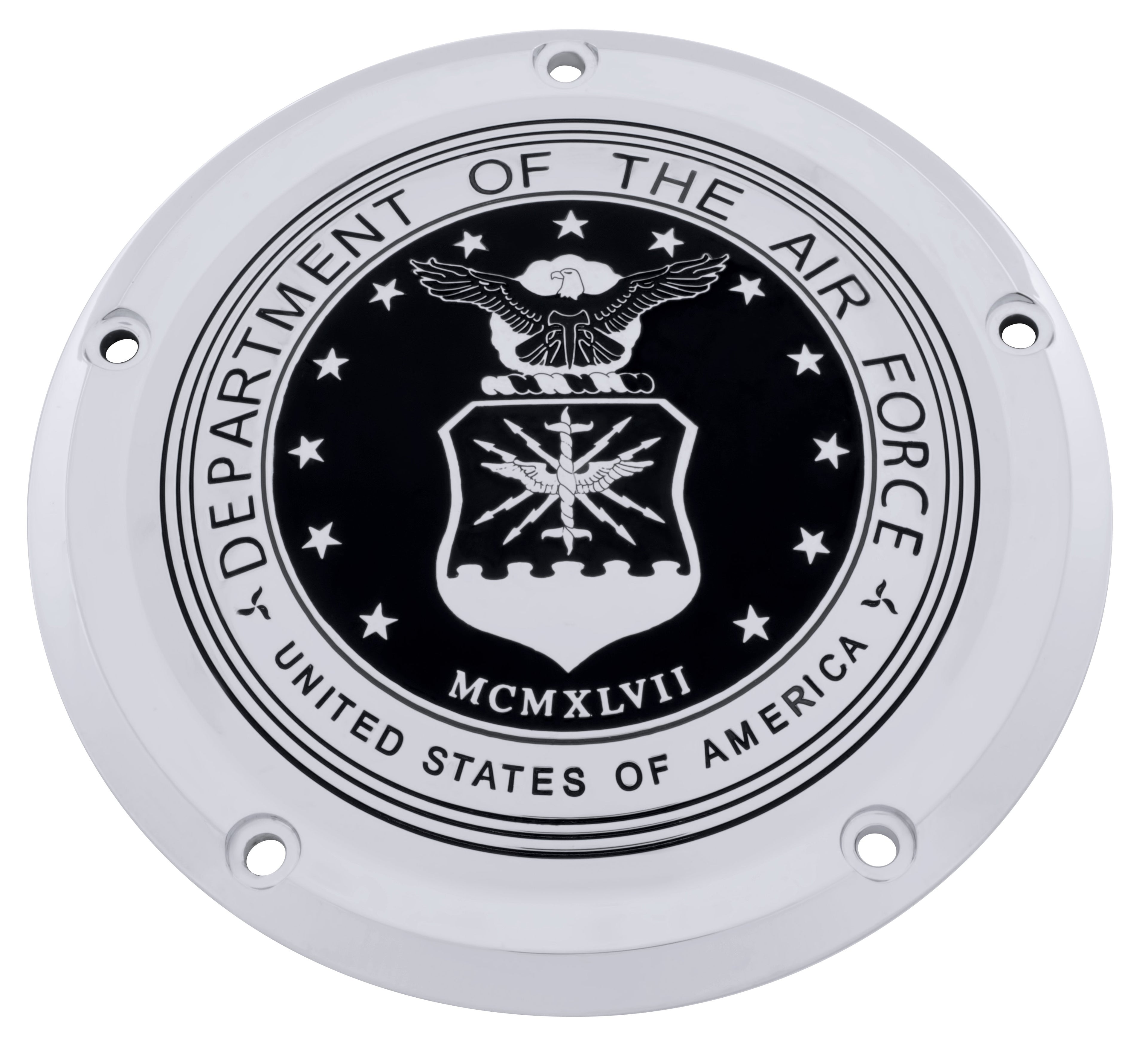 silver timing cover with Department of Air Force seal