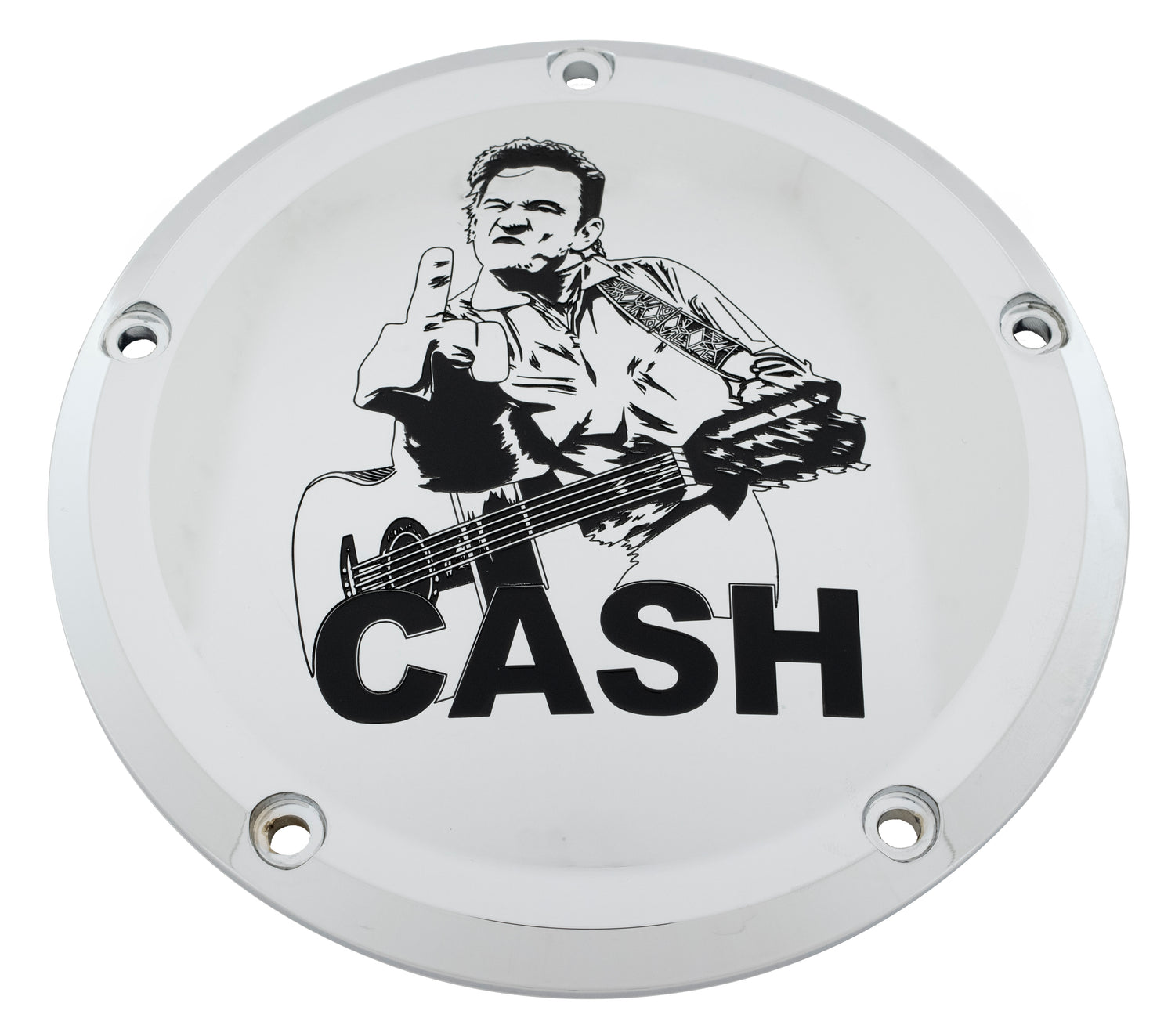 Silver timing cover with Johnny Cash design