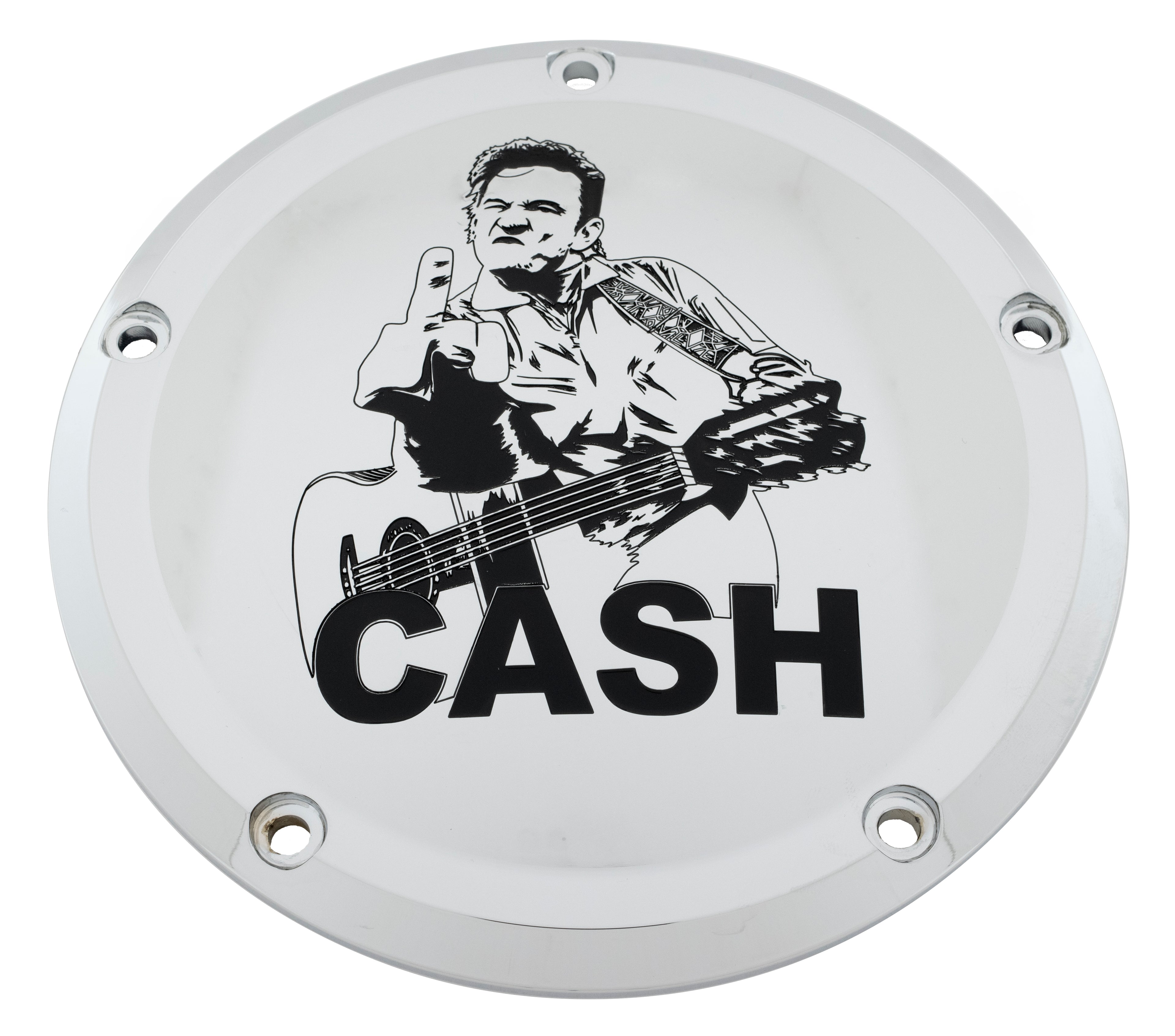 Silver timing cover with Johnny Cash design