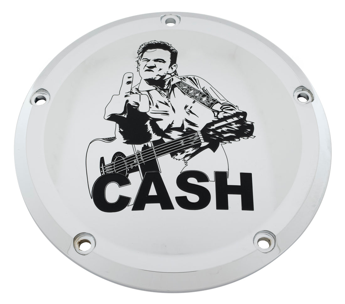 Silver timing cover with Johnny Cash design