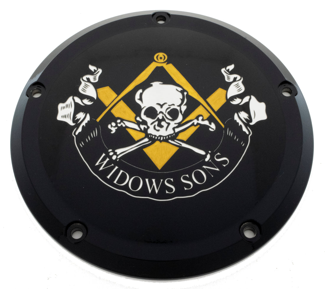 Widows Sons Skull, Square &amp; Compass Derby Cover for Harley, showcasing Masonic pride and durability.
