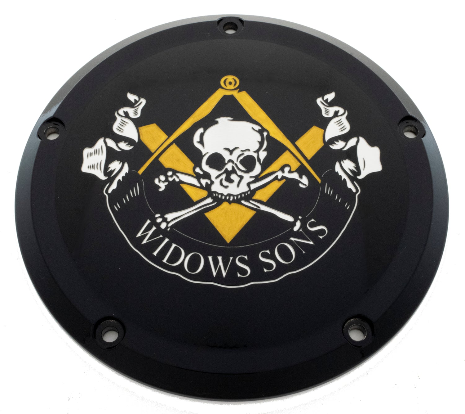 Widows Sons Skull, Square &amp; Compass Derby Cover for Harley, showcasing Masonic pride and durability.