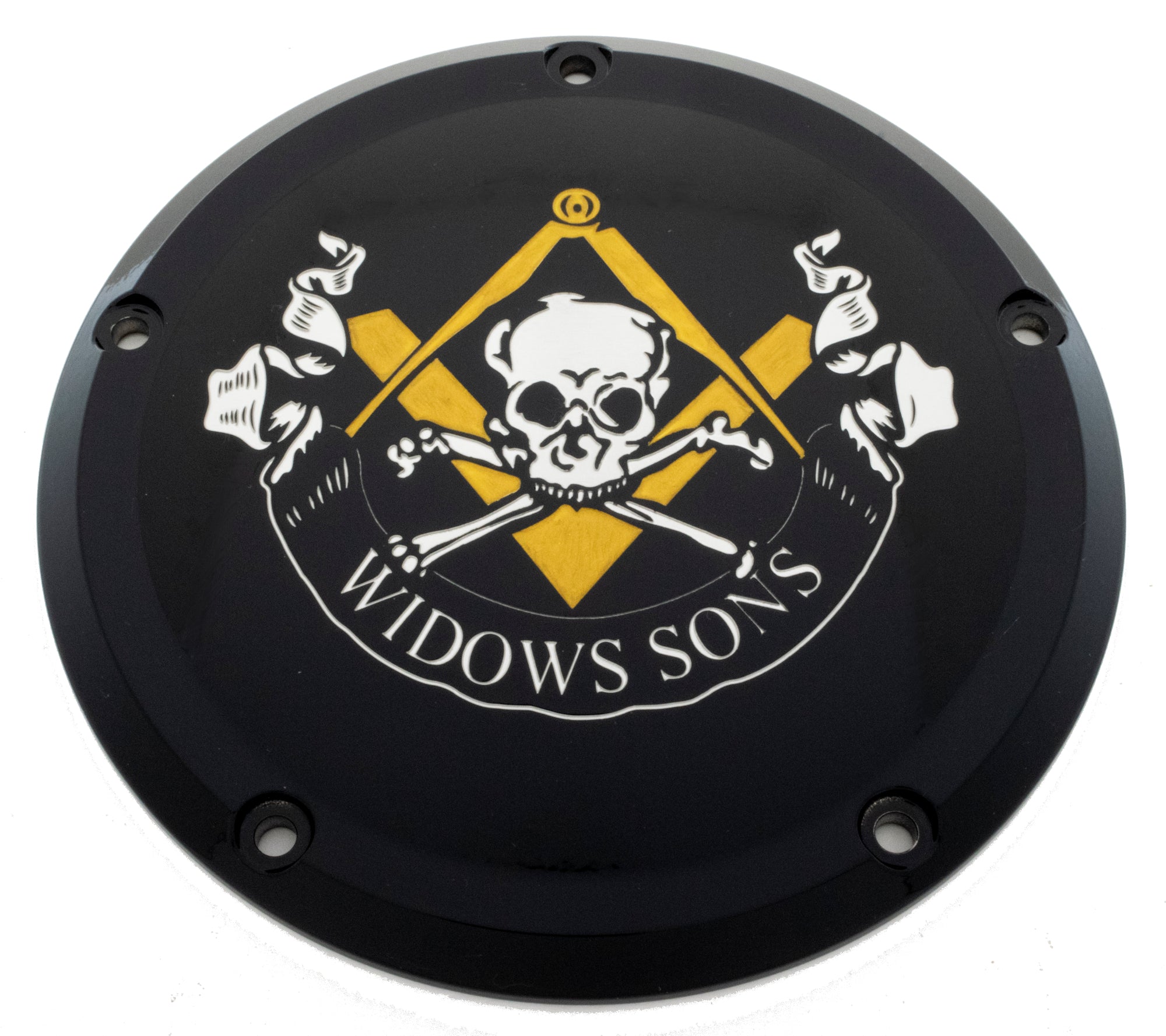 Widows Sons Skull, Square &amp; Compass Derby Cover for Harley, showcasing Masonic pride and durability.