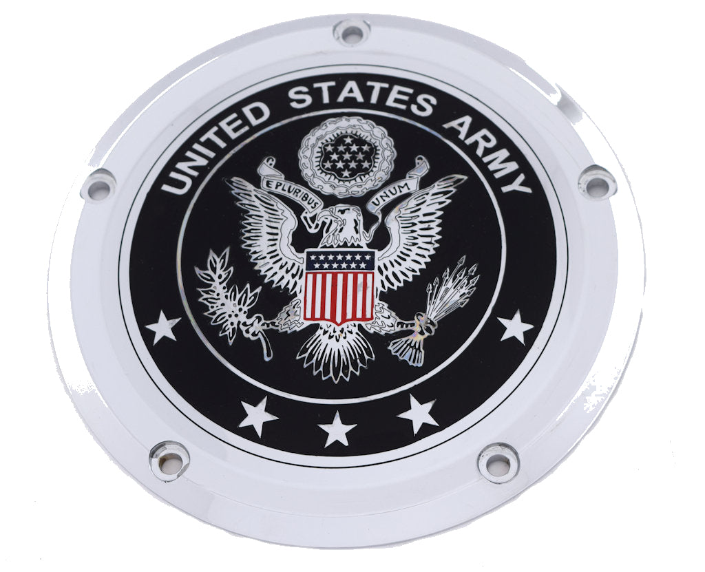 US Army Seal; Black &amp; Chrome TC Derby Cover, 7 ¼ inches in diameter