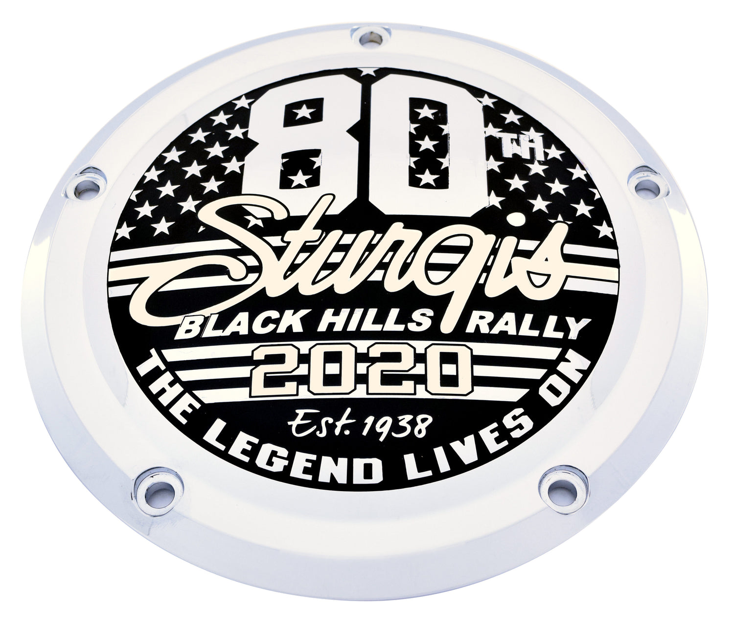 Sturgis 80th Chrome Black Derby Cover, 7 ¾ inches diameter