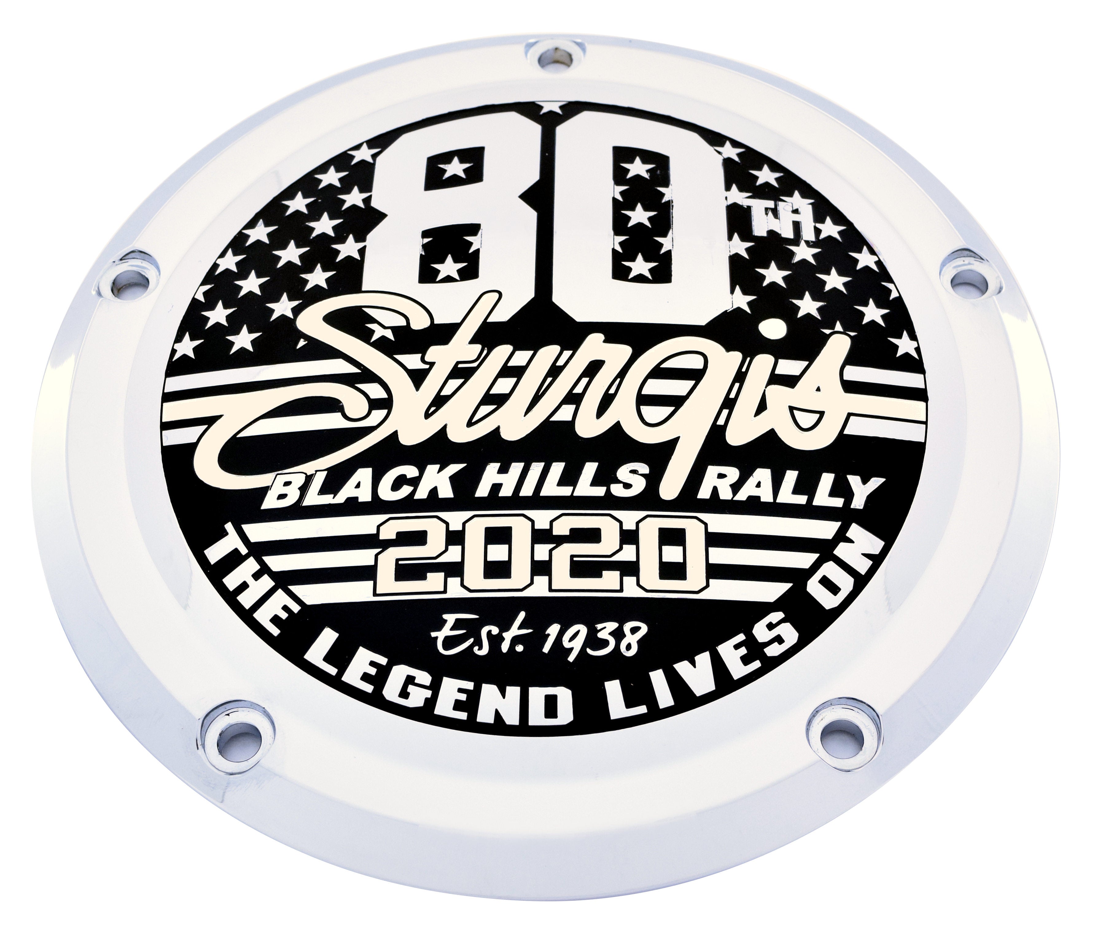 Sturgis 80th Chrome Black Derby Cover, 7 ¾ inches diameter