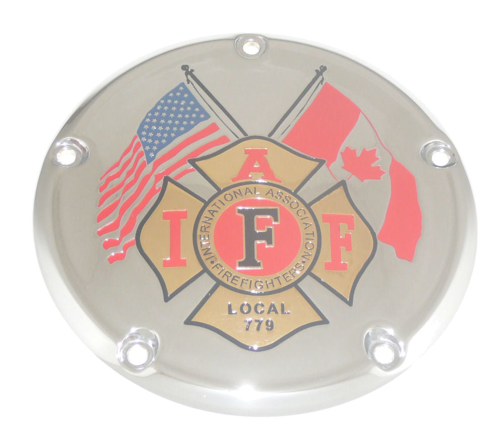 IAFF Twin Flags, Black Trim,  TC Derby Cover, 7 ¼ inches in diameter