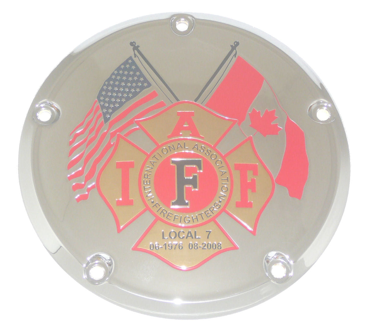 IAFF - US &amp; Canadian Flags, Red Trim TC Derby Cover, 7 ¼ inches in diameter